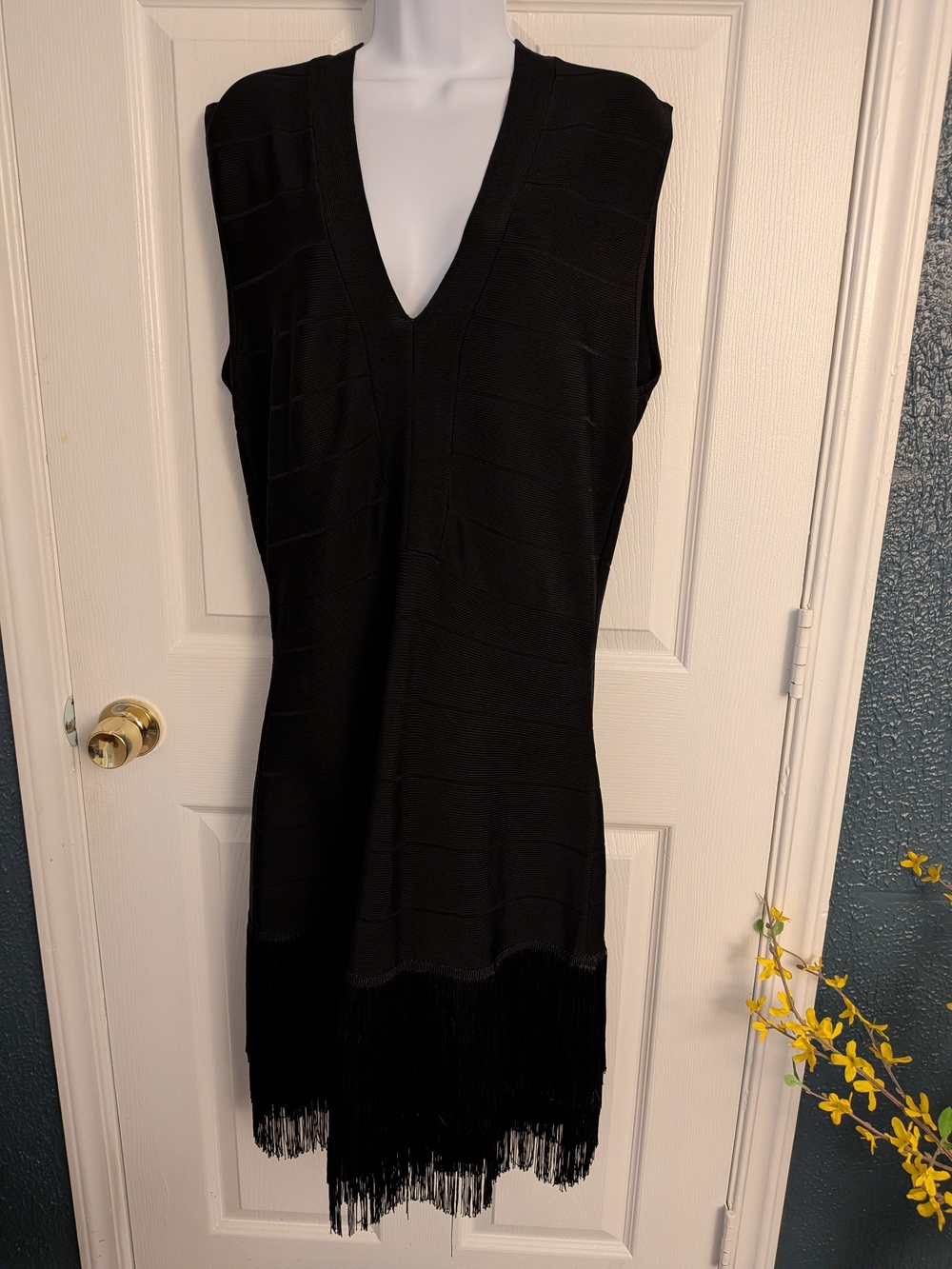 VENUS Black Bandage Fringe Dress Back Zip Sz 16 Retro Glam Flapper Style Party
